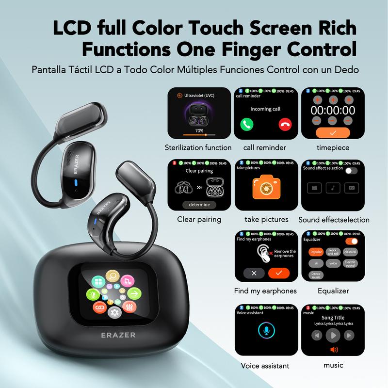 ERAZER XF23 Bluetooth Wireless Headset UV Disinfection Full Color Display Headphones OWS HIFI Stereo Full Color Display Headphones for Listening to Music and Calls, UV Anti-Virus Cleaning Headphones with Microphone