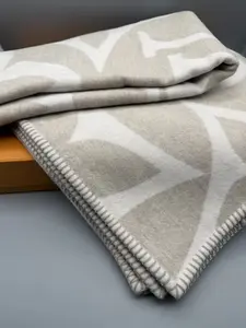 Pre-owned Louis Vuitton Wool & Cashmere Luggage Accessories LV Medallion Blanket in Greige