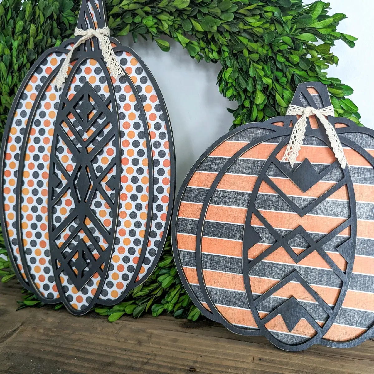 Set Of 2 Boho Halloween Pumpkins Or Craft Kit Wooden Decoration
