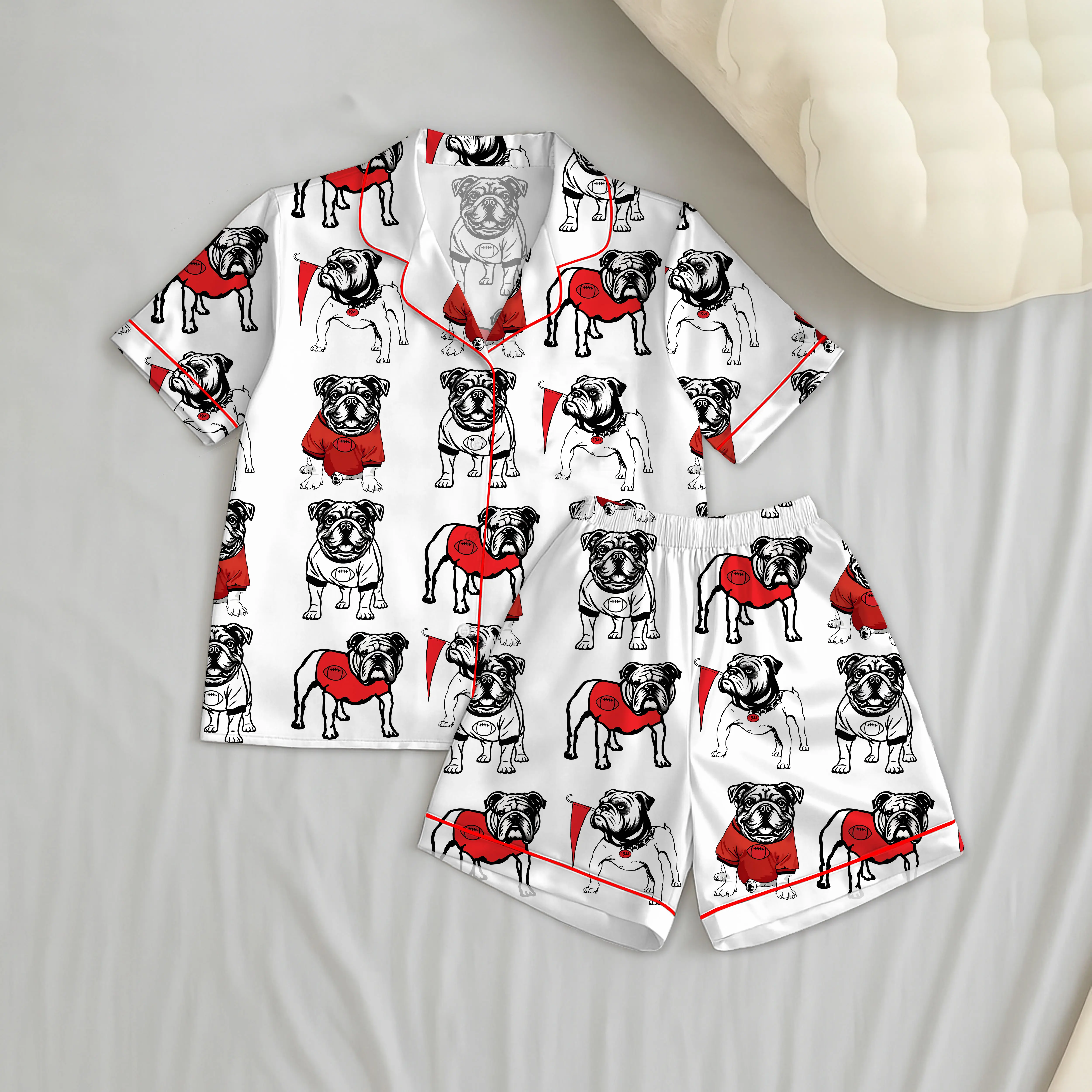 Bulldogs Football Satin Pajama Set, Women's Luxury Sleepwear, Pajama Bulldog,Pajama Nightwear Set for Her Women