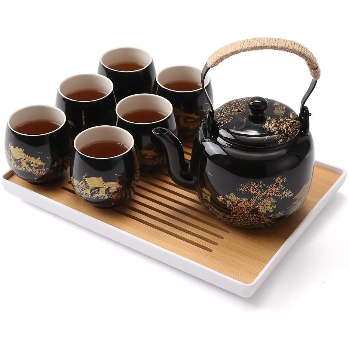 Japanese Black Porcelain Tea Set with 1 Teapot, 6 Tea Cups, 1 Tea Tray, 1 Stainless Infuser, Beautiful Asian Tea Sets for Adults Tea Lovers (Countryside in Golden)