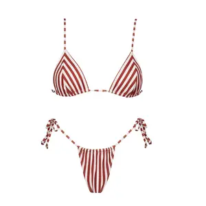 2026 red-and-white striped micro bikini two-piece set—fashionable, casual women’s two-piece swimsuit with a low-rise tie design; ideal for vacations, beachwear, and hot springs/onsen wear.