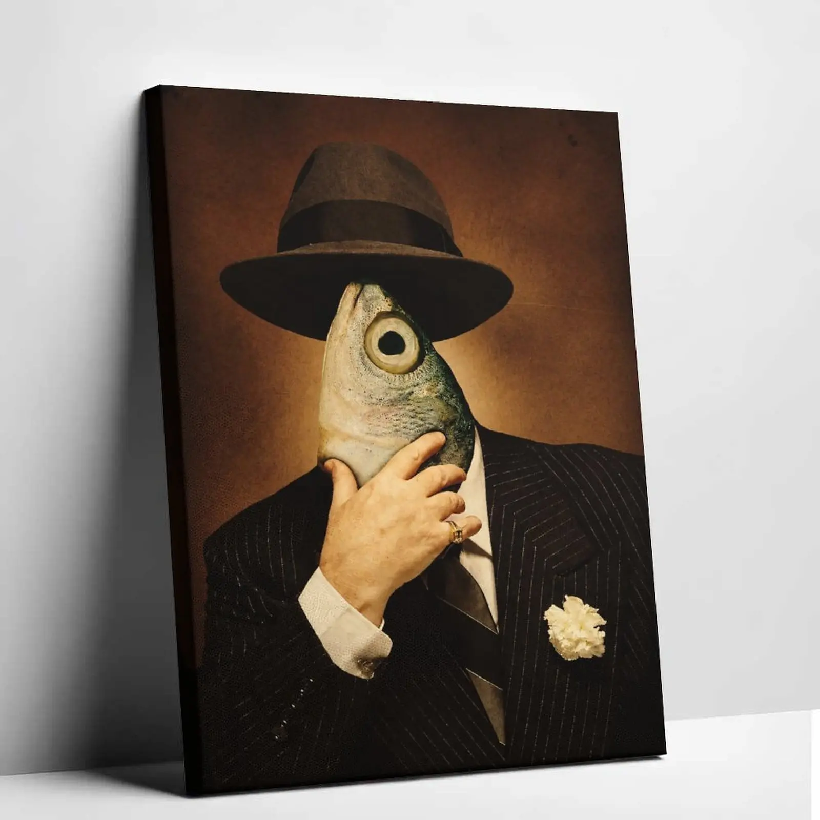 Surreal Fish Head Suit Man Canvas Wall Art Funny Meme Parody Poster Print Vintage Classic Oil Painting Style Canvas Painting Humorous Graphic Picture Decor for Living Room Studio