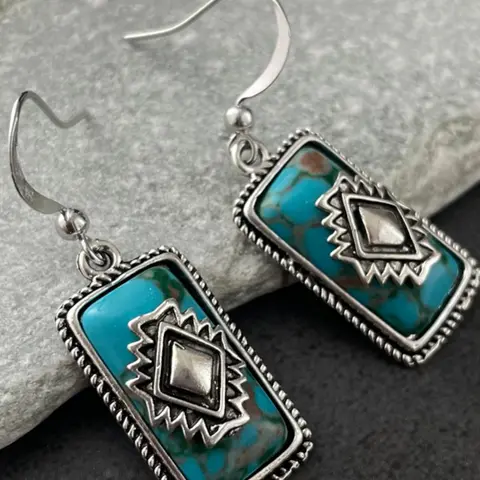 Vintage Unique Turquoise Texture Design Lightweight Geometric Pattern Dangle Earrings, Copper Boho Style Bohemian Jewelry for Women, Trendy All-match & Exquisite Jewelry for Birthday Gift