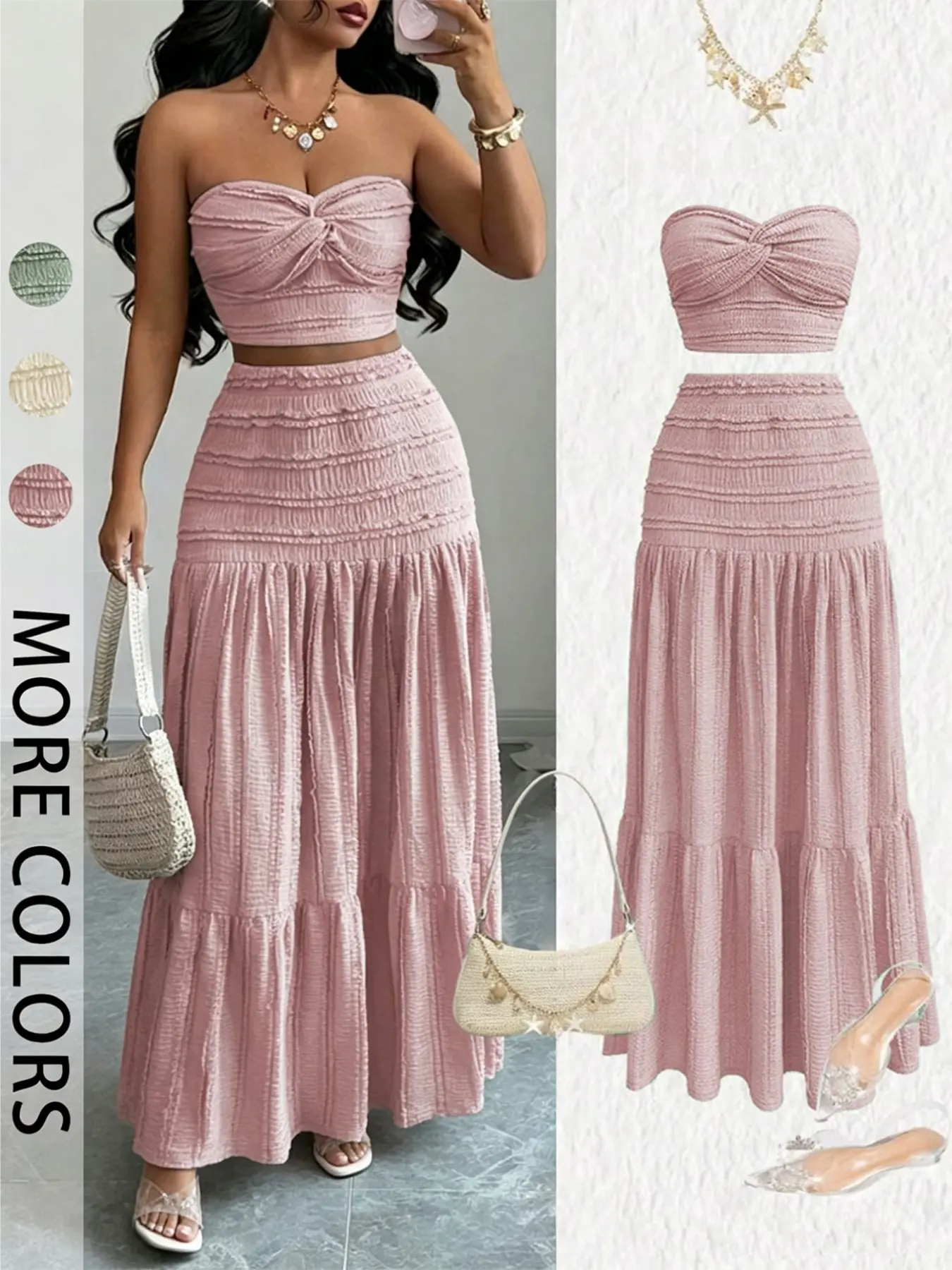 Women's Elegant Formal Wear Evening Dress Matching Set, Sweet Cute Strapless Sleeveless Crop Top and Skirt, Casual Party, Comfortable and Stylish
