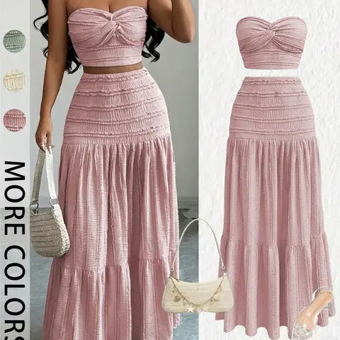 Women's Elegant Formal Wear Evening Dress Matching Set, Sweet Cute Strapless Sleeveless Crop Top and Skirt, Casual Party, Comfortable and Stylish Pieces