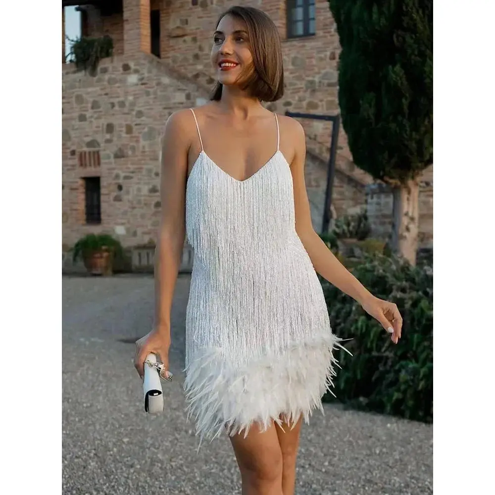 Tassel Sequins Elegant Feather Spaghetti Party Evening Dress