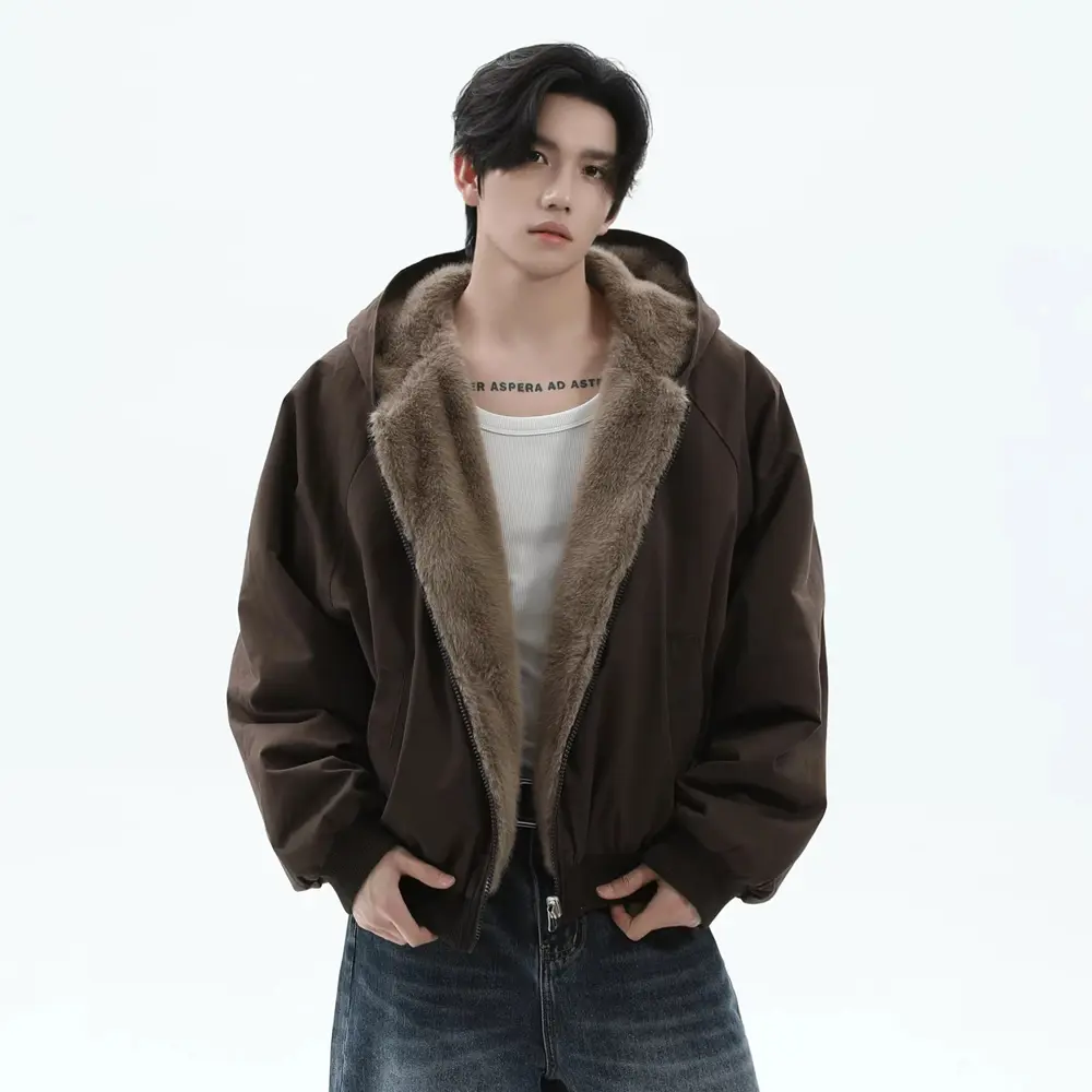 Men's Vintage Fleece-Lined Hooded Jacket - Classic Plain Long Sleeve Casual Coat for Cold Weather, Menswear