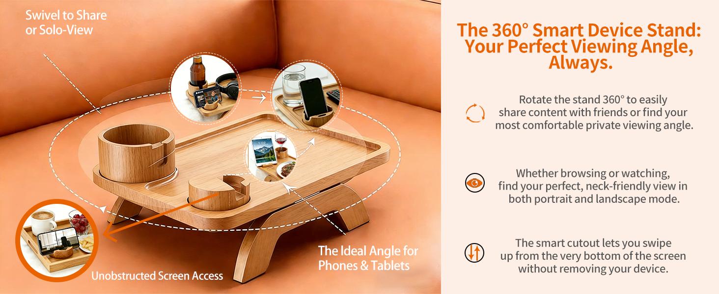 Acacia Wood Sofa Armrest Tray, Clip-On Space-Saving Design with Cup Holder, 360° Rotating Phone Holder, Anti-Slip Pads, Easy Installation for Daily Use
