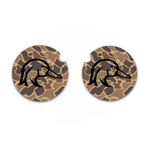 Old School Brown Camo Wood Duck Car Coasters, Set of Two, Car Cup Holder