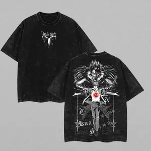 Ryuk & Light Yagami (Kira) Washed Tee – Death Note Anime Streetwear Vintage T-Shirt Retro Double-Sided Water Wash T-Shirt PJ6