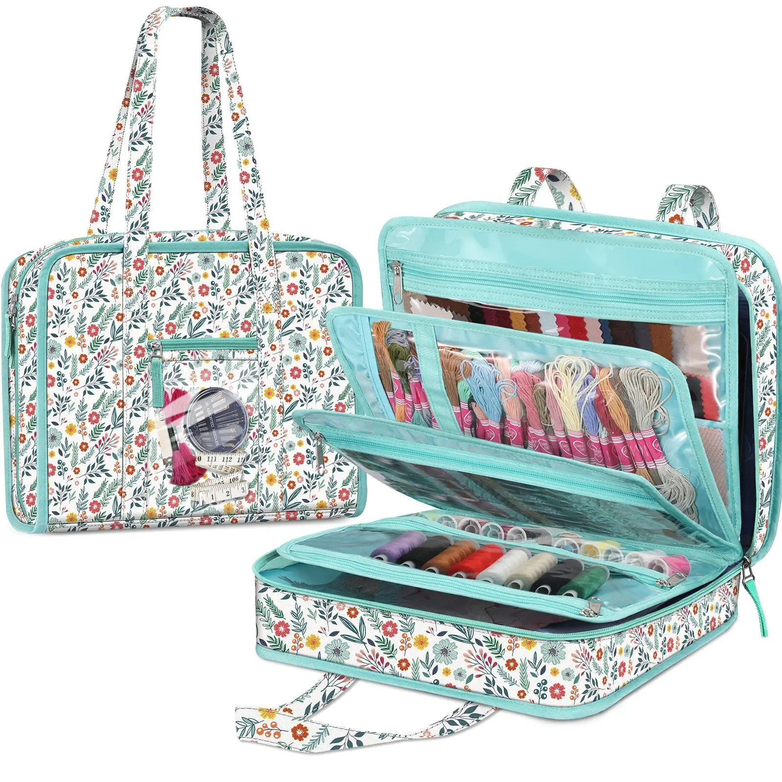 FINPAC Sewing and Craft Supplies Storage Tote, Large Capacity Travel Packing Organizer Bag with Clear Pockets and Handle for Knitting, Crochet, Art, Sewing Accessories (Bag Only, Sewing tools and other items are not include!)