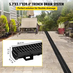 VEVOR Trench Drain System, Channel Drain with Plastic Grate, 5.7x3.1-Inch HDPE Drainage Trench, Black Plastic Garage Floor Drain, 5x39 Trench Drain Grate, with 5 End Caps, for Garden, Driveway-5 Pack