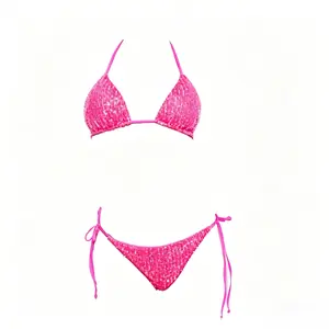 Neon Pink Sequin Triangle Bikini Set Sparkly Halter Tie Side Two Piece Swimsuit Glitter String Bathing Suit for Beach Pool Party and Summer Vacation