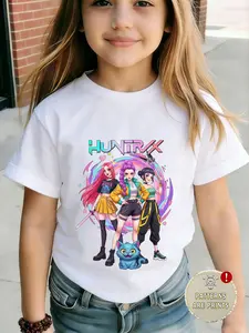 Kpop Korean Trend Hunter Girl Group Print T-Shirt, Round Neck Short Sleeve Kids Summer Festival Wear, Small Children Fashion Top