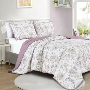 Floral Reversible Quilt Set 3 Piece, Soft Lightweight Bedspread Coverlet for Spring Summer – Queen, King, Cal King
