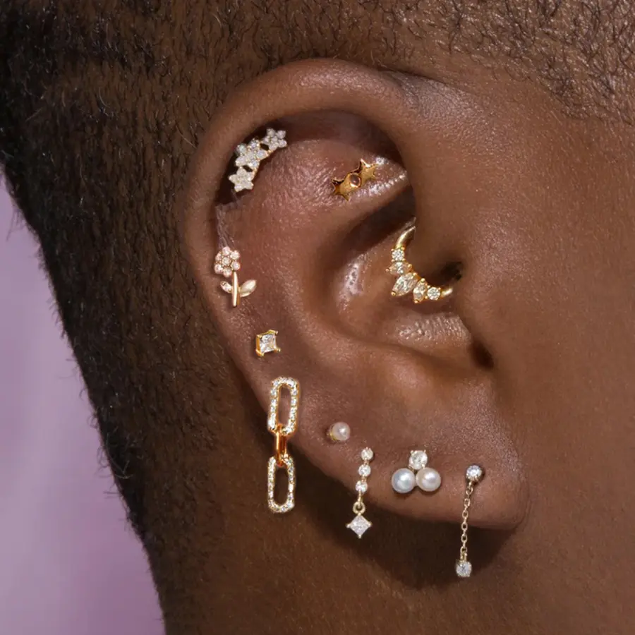 1pc Helix Lobe Piercing Earring Zircon Flower Dangle Chain Stud Tragus Rook Ear Cartilage Accessories Gold Color Women Jewelry