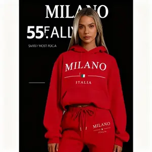 1set Milano Italy Theme Women's Casual Sweatshirt and Sweatpants Set - Long Sleeve Pullover with Hood, Cartoon Print, Polyester Knit Fabric, Pockets - For Autumn/Winter - for Women - Cozy and Stylish Loungewear11