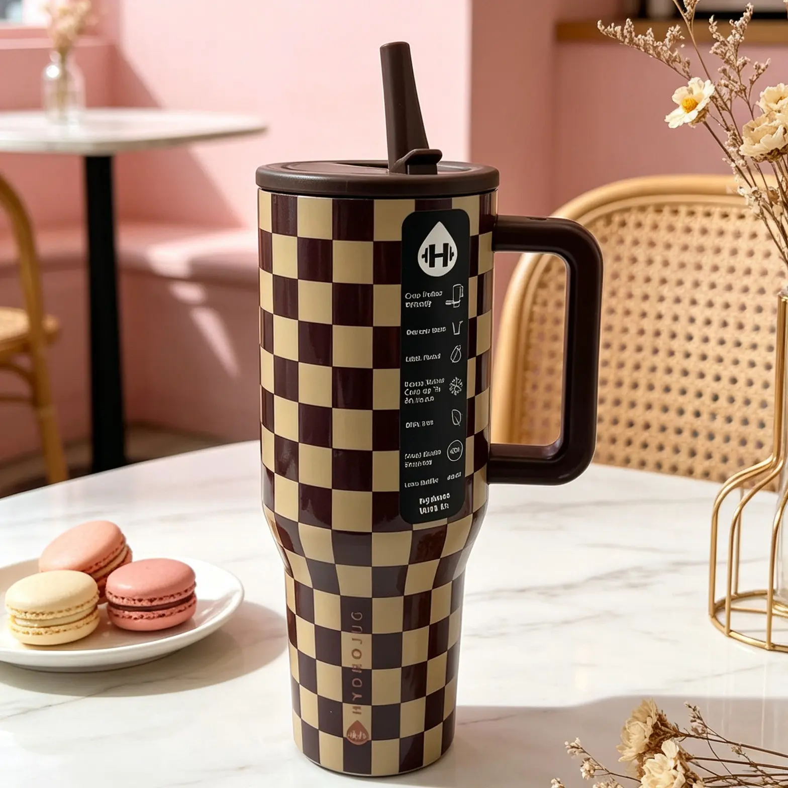 HydroJug Traveler 40oz Brown Cream Checkerboard Tumbler, Double Wall Vacuum Insulated Stainless Steel with 24-Hour Cold Retention, Leakproof Flip Straw Lid, Portable and Fits Car Cup Holders, Perfect for Women and Adults, Suitable for Gym, Road Trips
