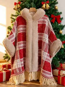 Luxury Faux Fur Hooded Cape Shawl, Warm and Comfortable for Air Conditioning Rooms, Ideal for Christmas and Parties