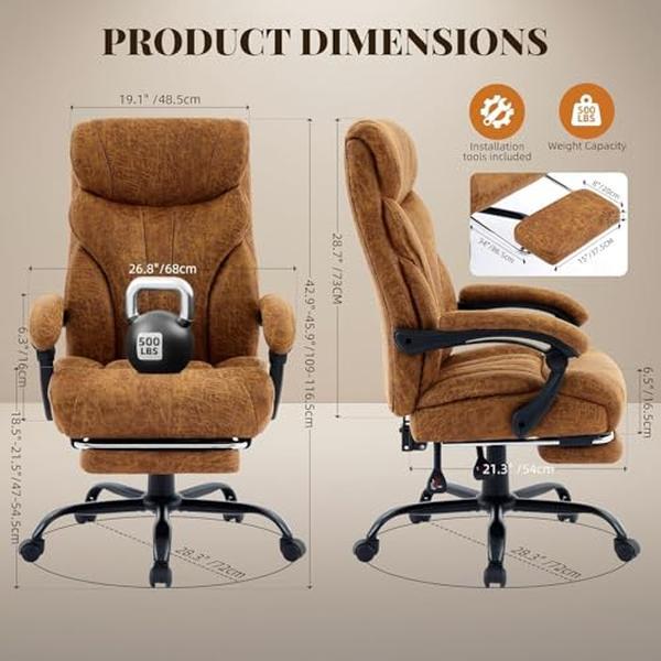 Big and Tall Office Chair 500LBS with Footrest,Ergonomic Leather Executive Chair with Adjustable Height & Flip-up Armrests,Wide Reclining Computer Desk Chair for Home Office or Gaming,Brown