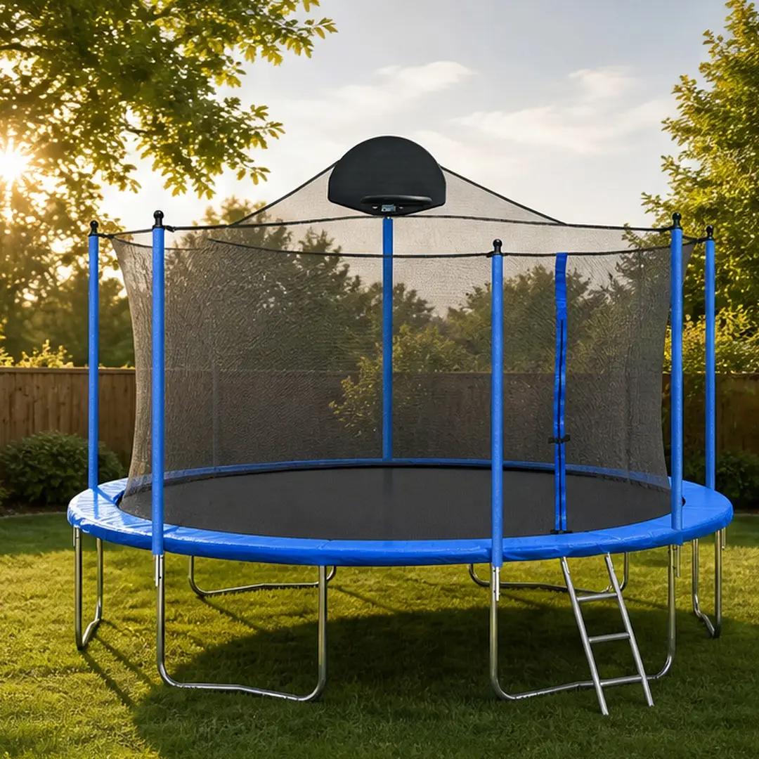 14FT High-Bounce Outdoor Trampoline for Kids - Metal Frame, 6 Legs, 72 Springs, 240 lbs Max Load, Basketball Hoop, Ladder, Safety Enclosure Net, Blue PE Cover, Backyard Fitness Recreational Jumping Equipment, Jumping Mat Outdoor Trampolines, High-Bounce O