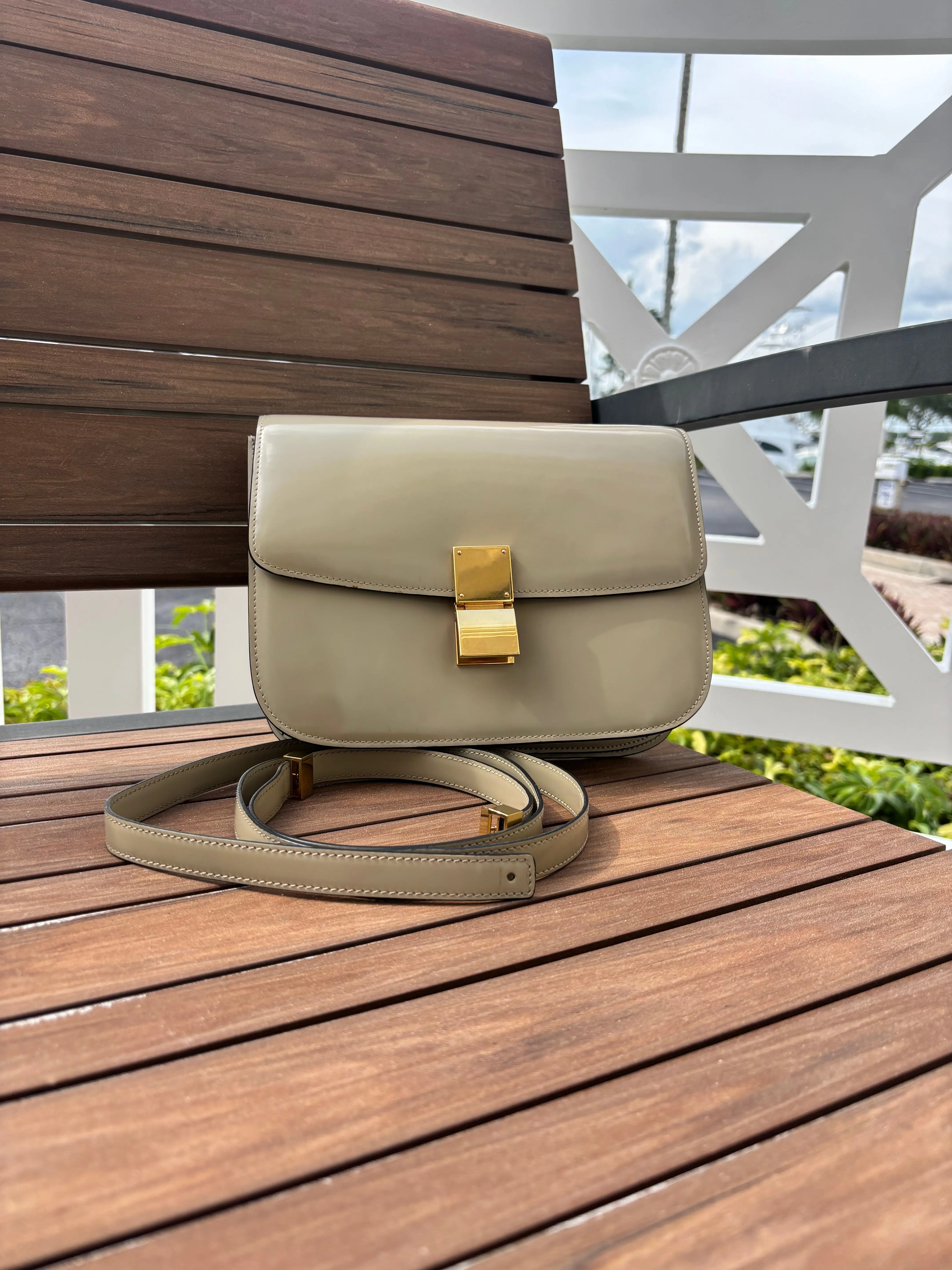 Celine Medium Classic Box Flap Bag in Greige Patent Leather Pre-Owned