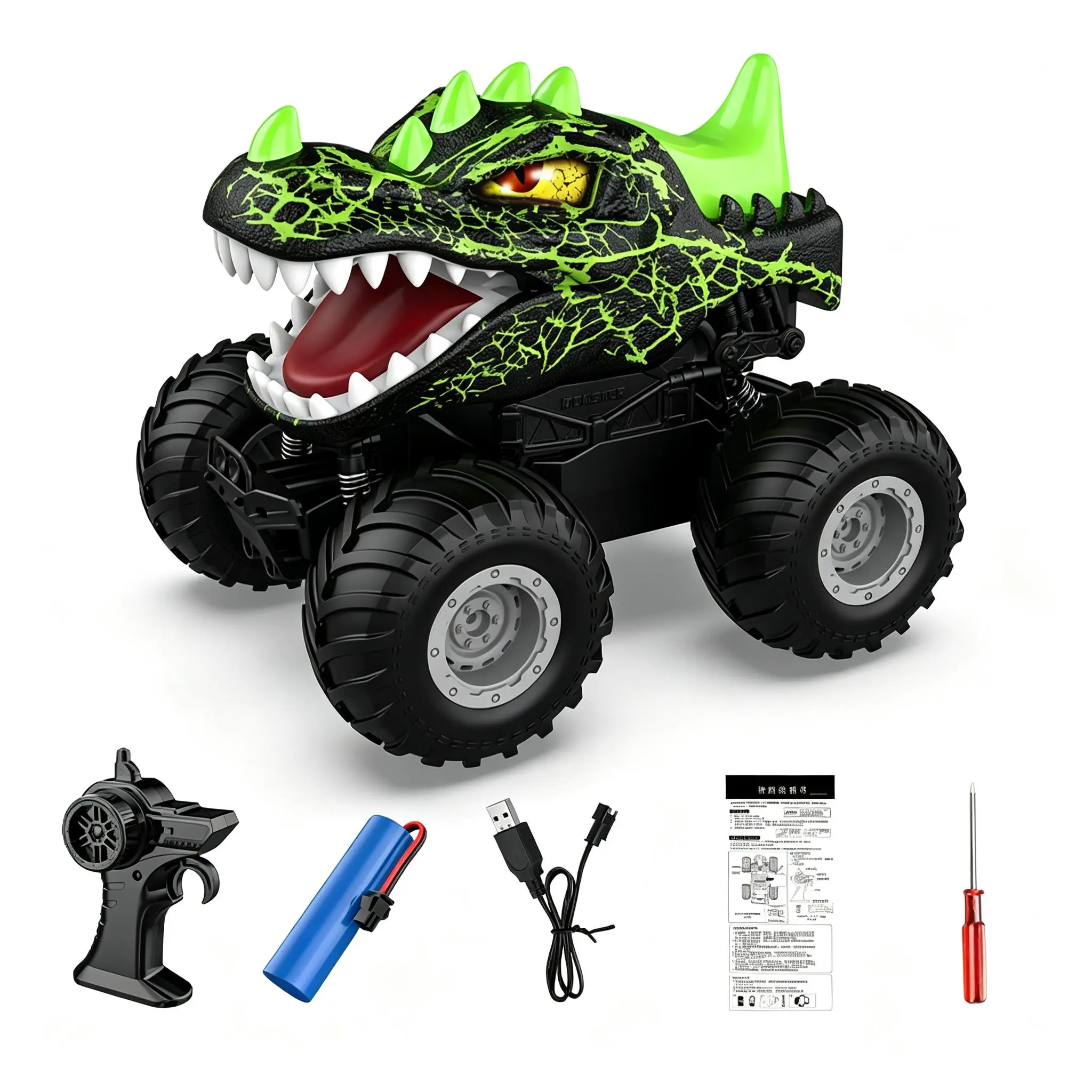 Dinosaur Monster Truck Toys, 2.4GHz Remote Control Car with Spray, Light, Music, Dinosaur Cars Toys for Kids 4-12