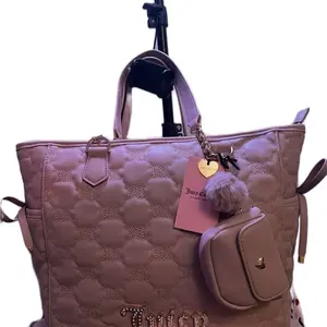 Juicy Couture Quilted Tote Bag with Pom-Pom Charm and Gold Hardware - Pink