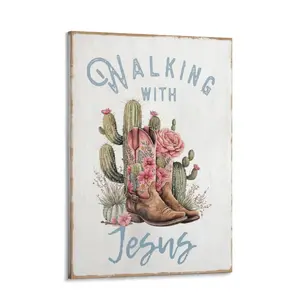 Cowgirl Christian  Art Walking With Jesus Western  Decor - Country Rustic Religious Decoration for Bedroom Living Room - Inspirational Cowboy Boot Cactus Gift for Women wall