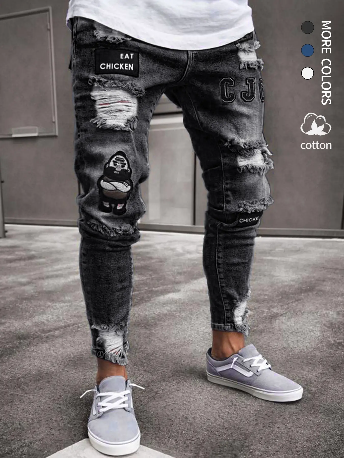 Men's Fitted Denim Jeans Pants with Elastic Distressed Ripped Design, Embroidered Patchwork, Casual Streetwear Fashion, Comfortable All Seasons, Stretchy Medium Stretch Fabric Trouser