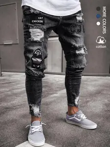 Men's Fitted Denim Jeans with Elastic Distressed Ripped Design, Embroidered Patchwork, Casual Streetwear Fashion, Comfortable All Seasons, Medium Stretch Fabric