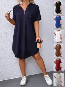 Women's Plus Size Hoodie Dress Half Zip V-Neck Drawstring Short Sleeve Tunic Curved Hem Flowy Casual Athletic Sports Activewear Daily Lounge Basic Trendy