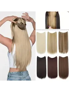 24 inch Synthetic Hair Extensions Straight Wig Piece Clip in - Invisible Fish Line Transparent Wire Natural Look for Women Synthetic Hair Pieces