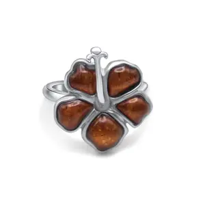 Flower Ring 925 Koa Wood •Hibiscus Flower Silver Ring •Dainty Flower Ring for Woman •Statement Brown Flower-shaped Ring
