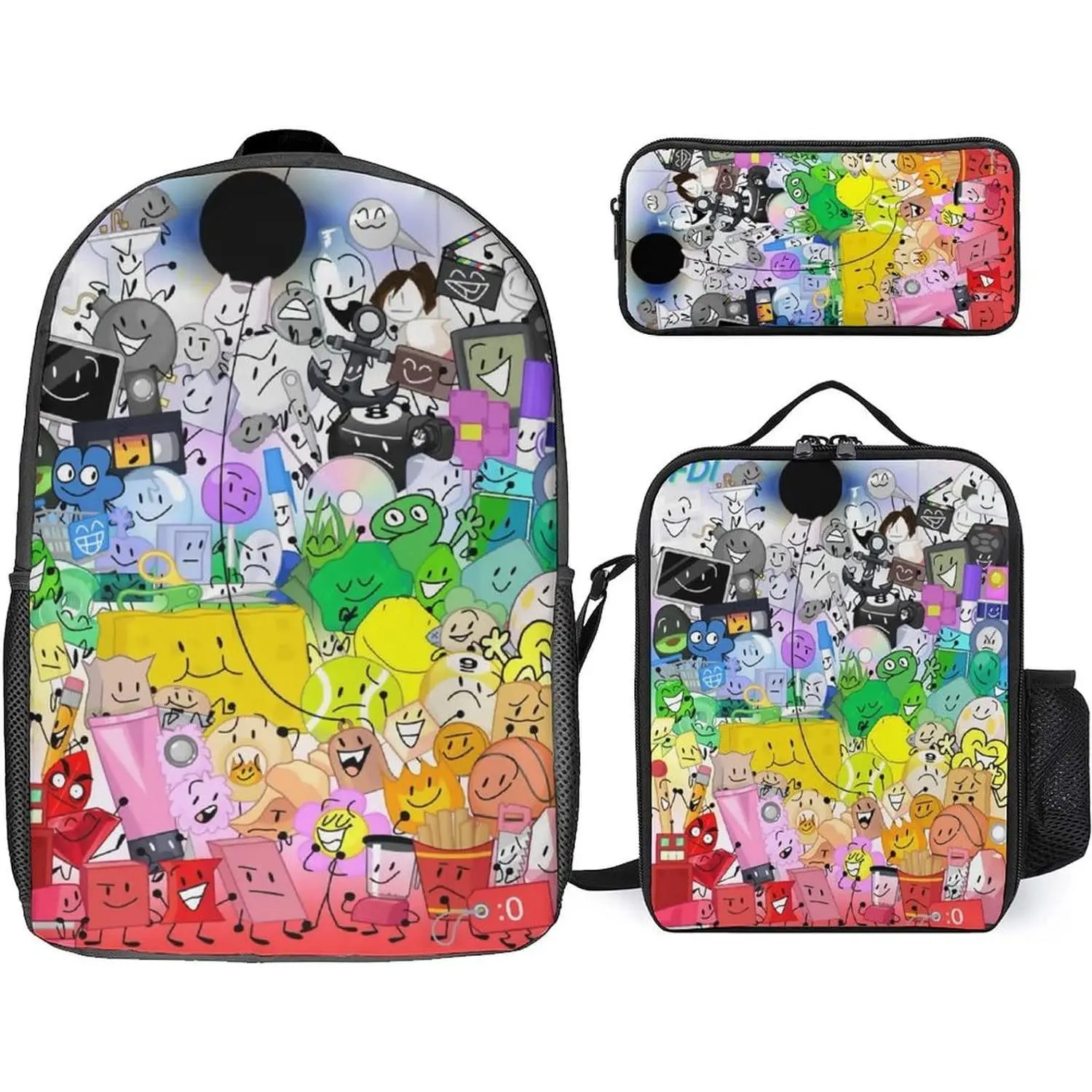 Battle for Dream Island Backpack BFDI Bookbag Casual 3 in 1 Backpack Set Anime Bookbag With Lunch Box And Pencil Case, Black