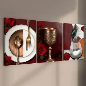 3-count wooden frame canvas, retro light luxury wine glass and tableware three-piece decorative poster, fashionable family poster, modern living room decoration, suitable for corridor and bedroom walls, waterproof art, Vintage Wall Art