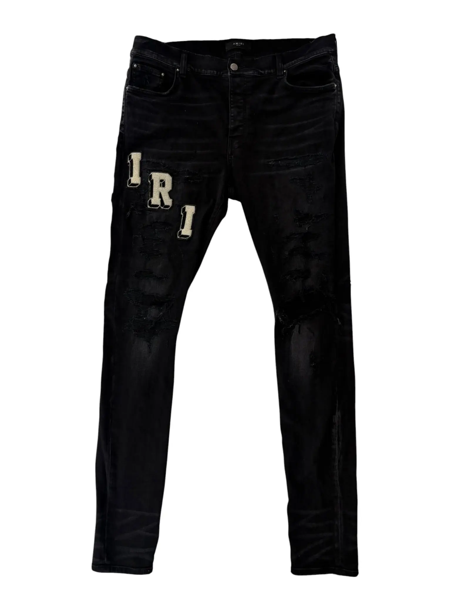 1222374 Amiri Logo Patch Distressed Denim Black Cream