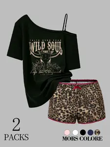 Women's Two-Piece Set Wild Soul Asymmetrical Shoulder Top & Leopard Shorts, Heart Pattern, High Waist, Soft Fabric, Casual Streetwear