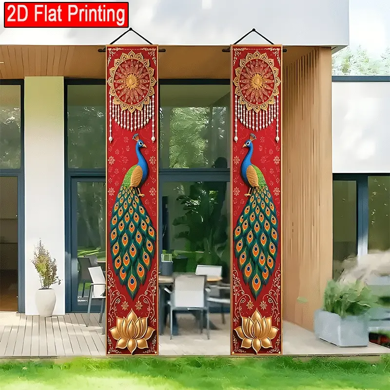 2D Flat Banner Couple Set, Indian Diwali Wedding Banners, Traditional Peacock Pattern, Outdoor Party Use, Party Decor, Marigold Fringe Border