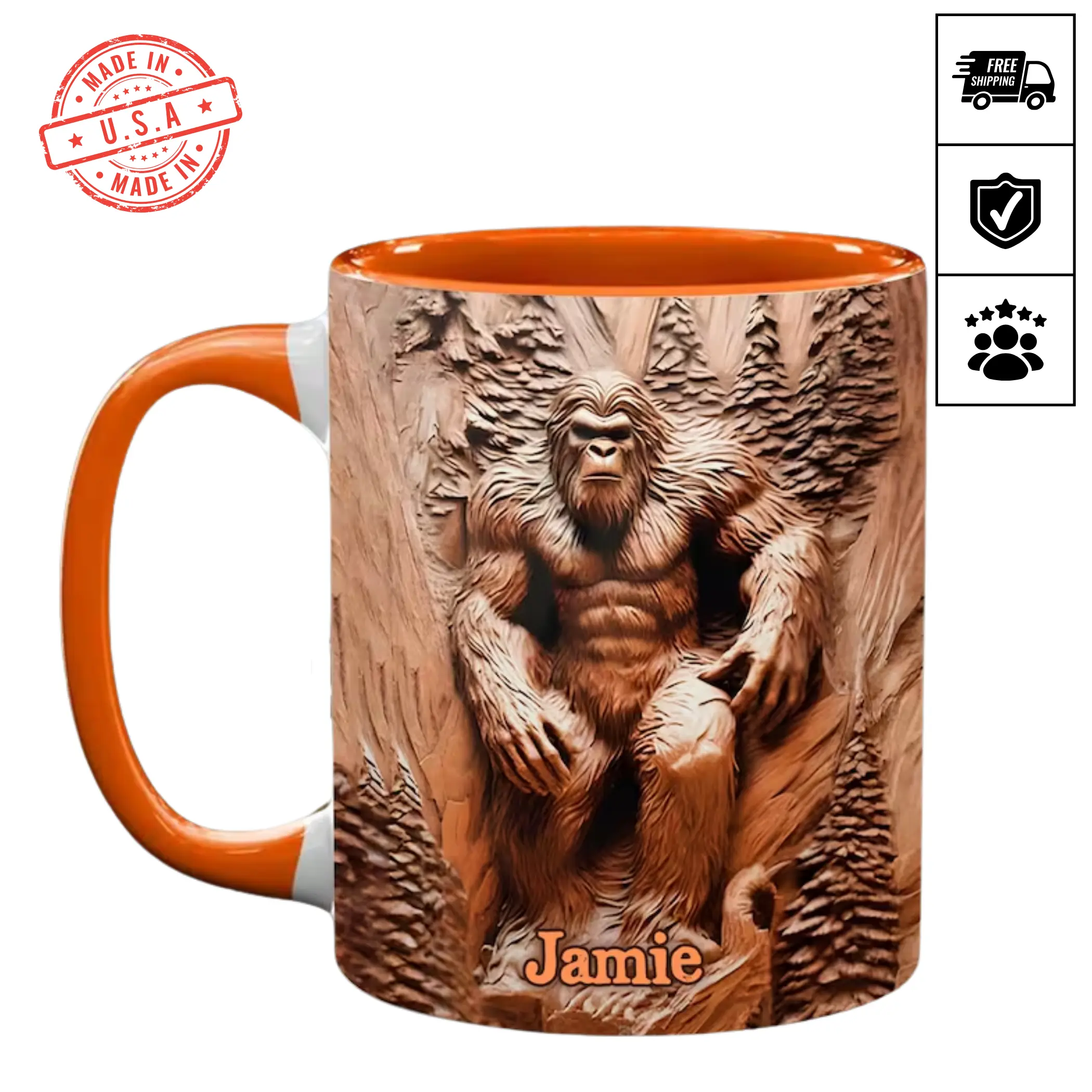 Personalized Bigfoot Mug Wood-Carved Look Sasquatch, 11oz/15oz, Many Color Options, Christmas Gift, Birthday Gift, Family Gift, Outdoor Camping Gift, Nature Scenic Lovers, Office Coffee Mug Desk Decor