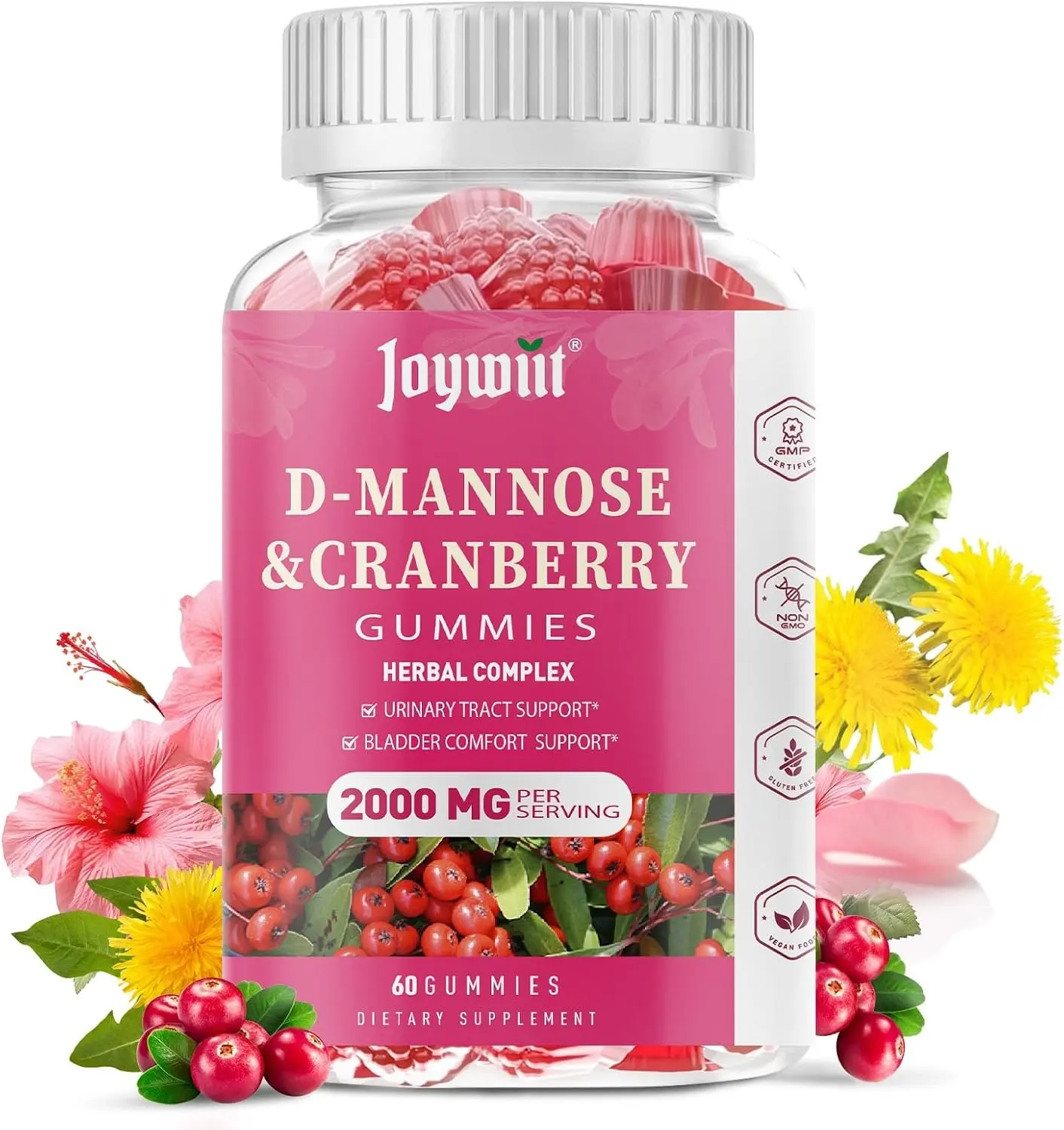 Joywiit D-Mannose Gummies 2000mg with Cranberry 500mg & Hibiscus - D Mannose Chewable Supplements for Women - Liver, Bladder Flush & Urinary Tract Cleanse Health Supplement, 60 Gummies