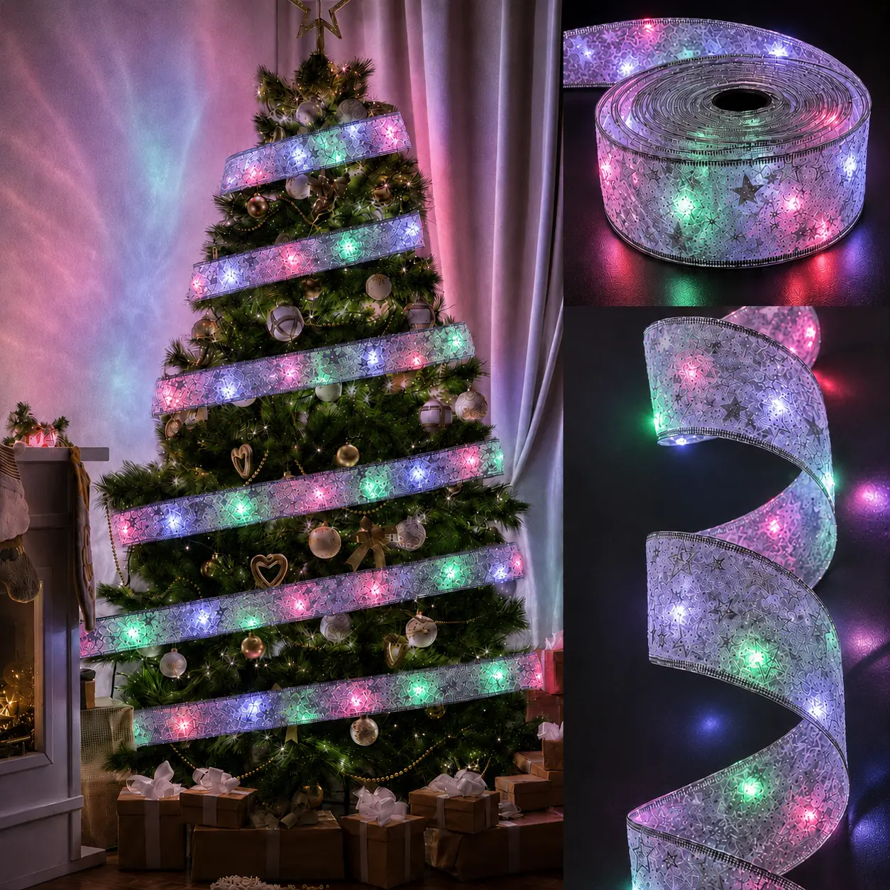 33FT Christmas Tree Ribbon Lights with 100 LEDs, 2 Inch Silver Edge Wired Ribbon Fairy Lights for Home, Wedding, Birthday, Party & Holiday Decorations