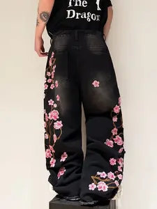 UPTHE Y2K Baggy Jeans Men's Wide Leg Hip Hop Streetwear Dragon Embroidered Wide Leg Jeans black and gray Classic Quality with Button Detail