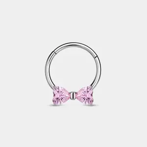 Pink CZ Bow Titanium Hinged Segment Septum Ring