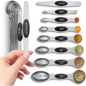 Magnetic Measuring Spoons Set with Strong N45 Magnets, Heavy Duty Stainless Steel Metal, Multicolor, Set of 8 with Leveler