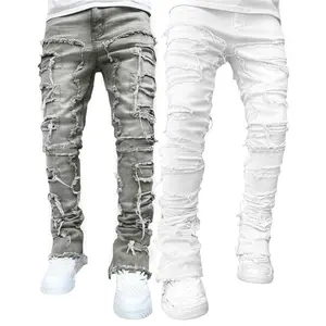 Skinny vintage denim jeans with patch detailing and frayed hem, casual leggings/trousers with pockets, unisex style