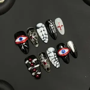 Handmade 3D Almond Press-On Nails, Gothic C-062 Evil Eyes Halloween Design, Reusable Matte Black Acrylic Nails, Long-Lasting Luxury Coffin Pumpkin Ballerina Set with Gel Kit for Halloween Wear, Beauty Products
