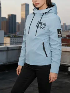 Women's Trendy Hooded Jacket 2 Colors Available With "DANCING IS MY THERAPY" Quote Print Easy Pull Zipper Loose Fit Soft Fabric Minimalist Design Casual Versatile Daily Commute Weekend Outings Streetwear Fashion Outerwear