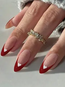 24pcs Almond Shaped Red French Tip Press-On Nails, Almond Perfectly Fits Acrylic Nail Set, Includes: 1pc Jelly Gel And 1pc Nail File, Easy To Wear French Manicure And Valentine's Day Nail Design, Suitable For Women's Daily Work And Parties